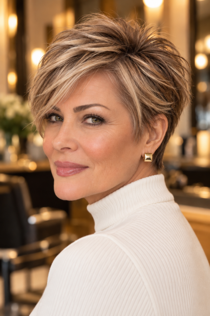 Long pixie haircut for fine hair with a soft side-swept fringe