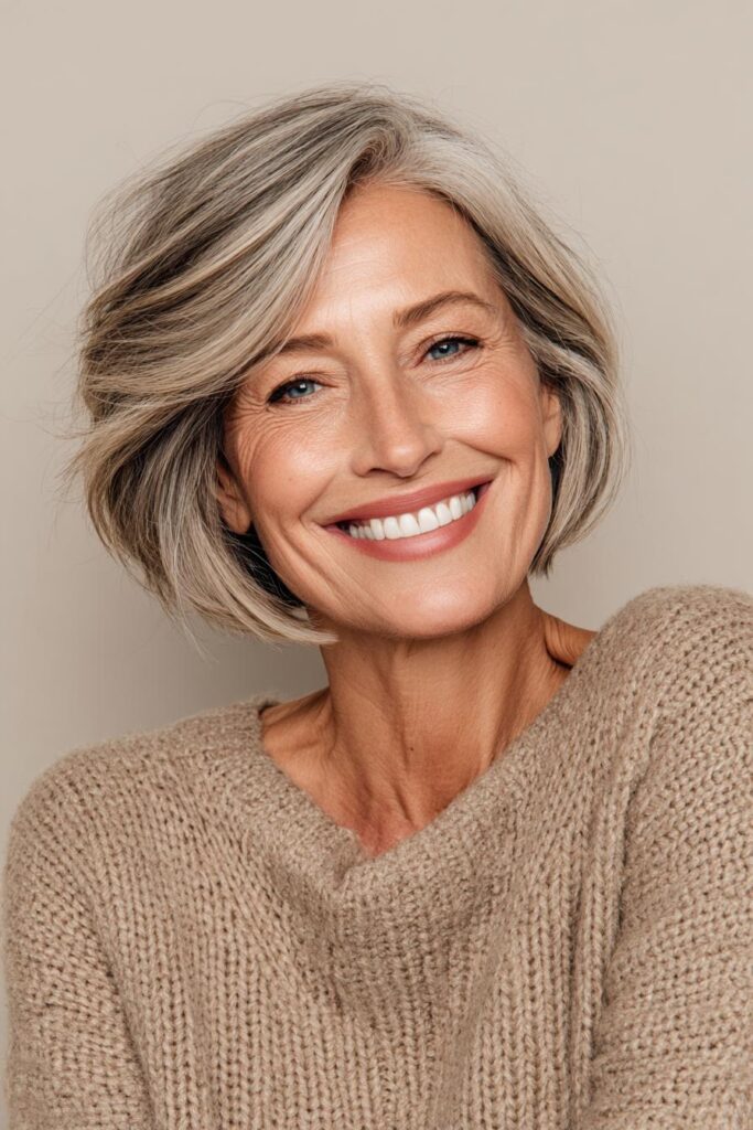 Woman over 50 with a dimensional mushroom brown bob and subtle silver strands blended into cool brunette hair.