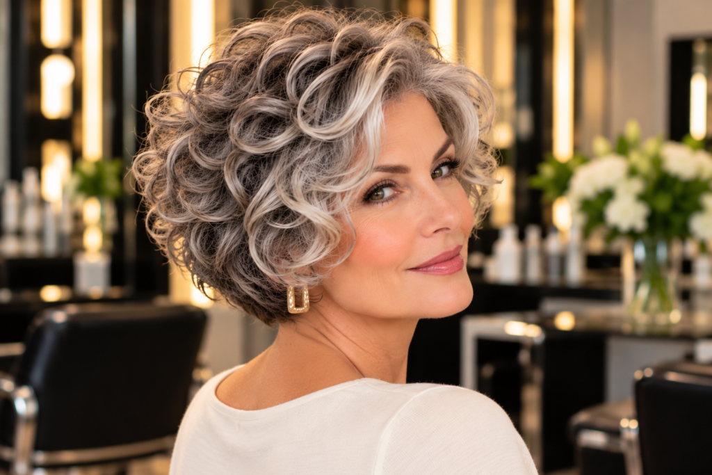 Woman over 50 with a compact silver-gray curly bob haircut, photographed from a back three-quarter angle to highlight the rounded crown and shaped neckline.