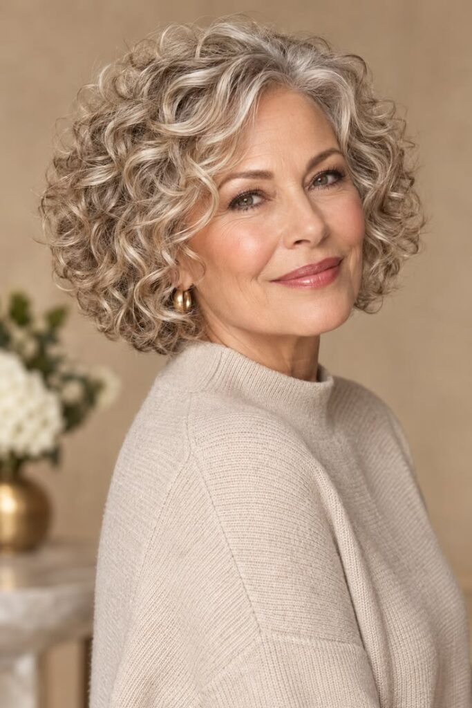 Woman over 50 with a soft layered brunette bob and natural waves