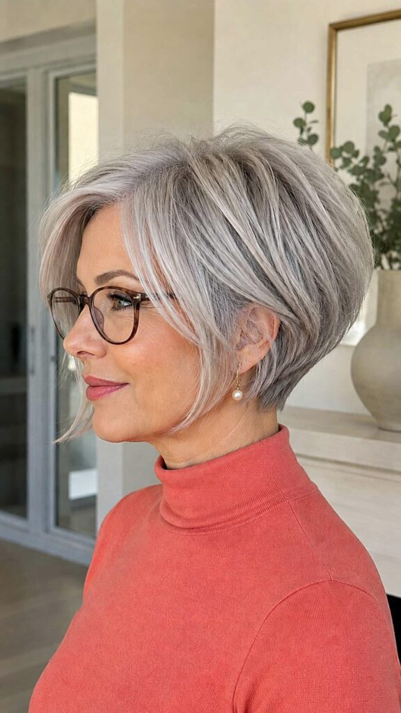 Soft stacked bob for women over 50 with natural volume at the crown