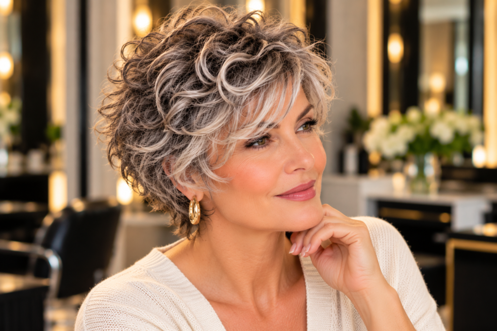 Stylish woman over 50 with a short curly shag haircut, featuring defined silver-gray curls, wispy bangs, and softly layered volume.