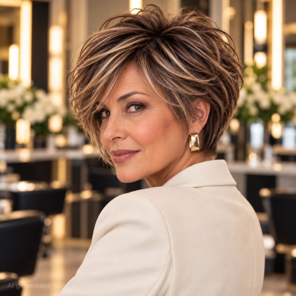Feathered short haircut for fine hair over 50, with airy layers, a softly lifted crown, and a neatly tapered neckline.