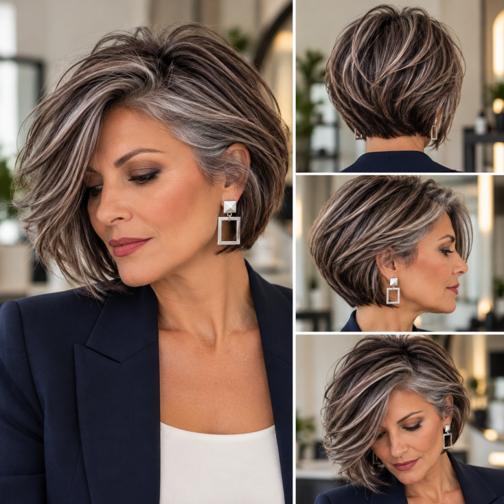 Graduated bob hairstyle for mature women with fine hair, featuring a softly rounded back, controlled layers, and a fuller-looking crown.