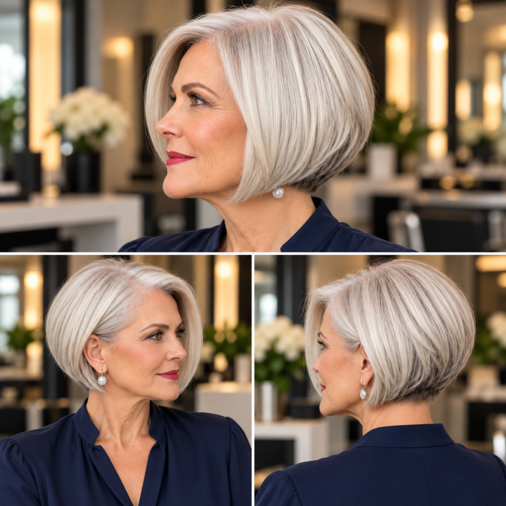 Silver stacked bob haircut for women over 50 shown from multiple angles