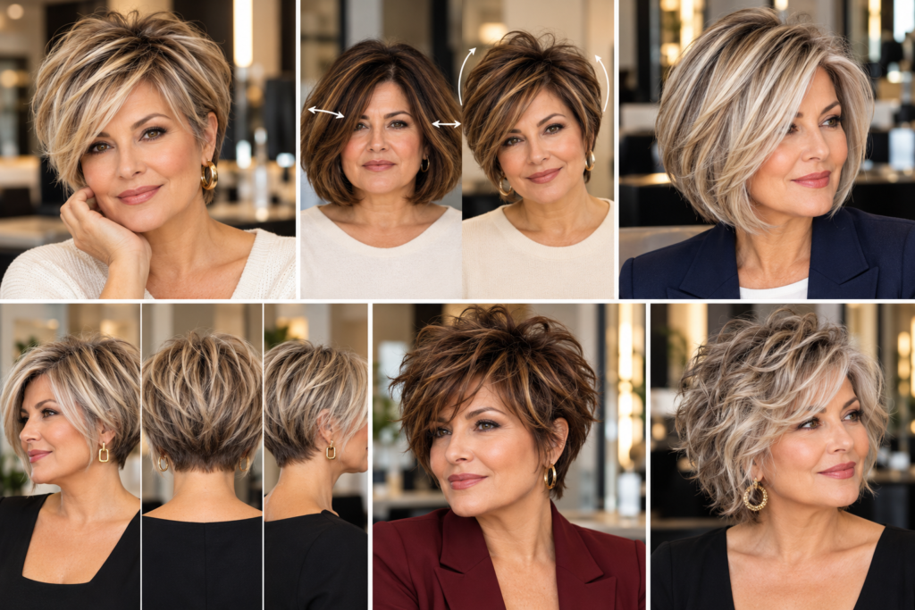 Short haircuts for women over 50 with thick hair showing ways to reduce bulk