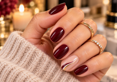 Elegant burgundy nail ideas for women over 50 with glossy and gold accents