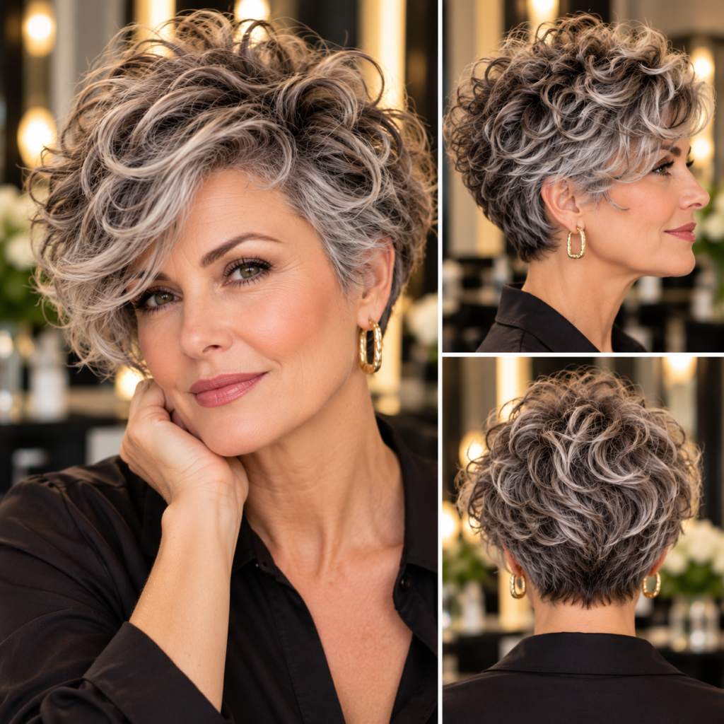 Woman over 50 with a layered salt-and-pepper curly crop, featuring side-swept curls, textured layers, and a softly tapered neckline.