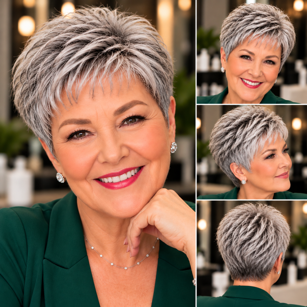 Short textured pixie haircut for women over 50, featuring strategically layered hair at the crown to create natural-looking lift and fullness.