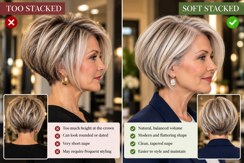 Too stacked bob compared with a soft stacked bob for women over 50