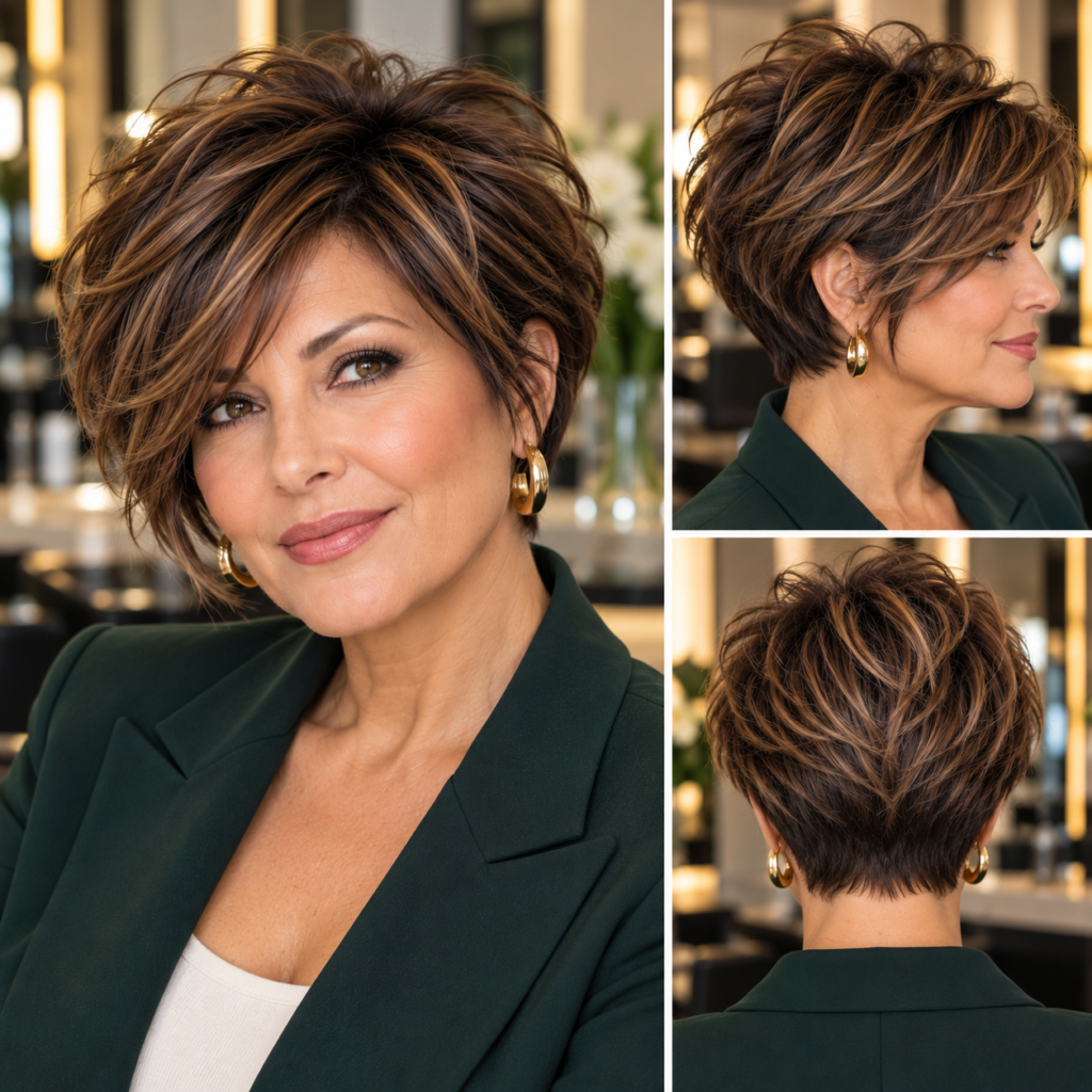 Layered pixie for women over 50 with thick hair and a tapered nape