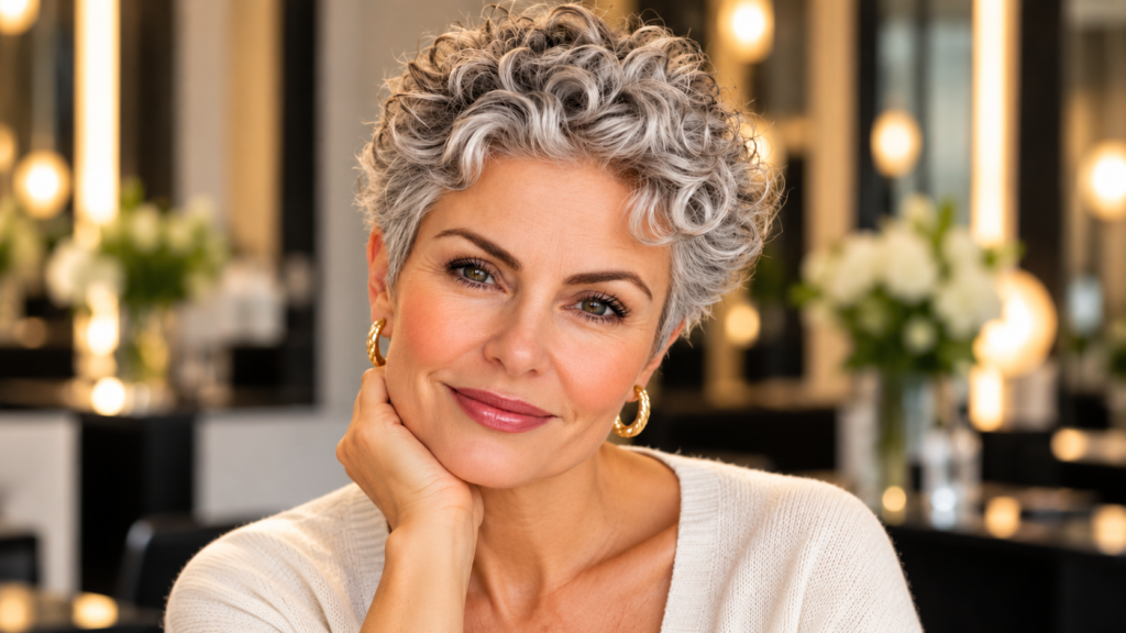 Elegant woman over 50 with a short silver curly bixie haircut, featuring soft face-framing curls and natural volume at the crown.
