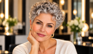 Woman over 50 with a short naturally curly silver pixie haircut, featuring defined curls and soft volume.
