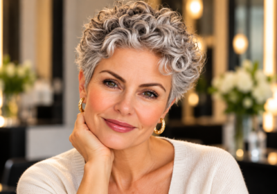 Woman over 50 with a short naturally curly silver pixie haircut, featuring defined curls and soft volume.
