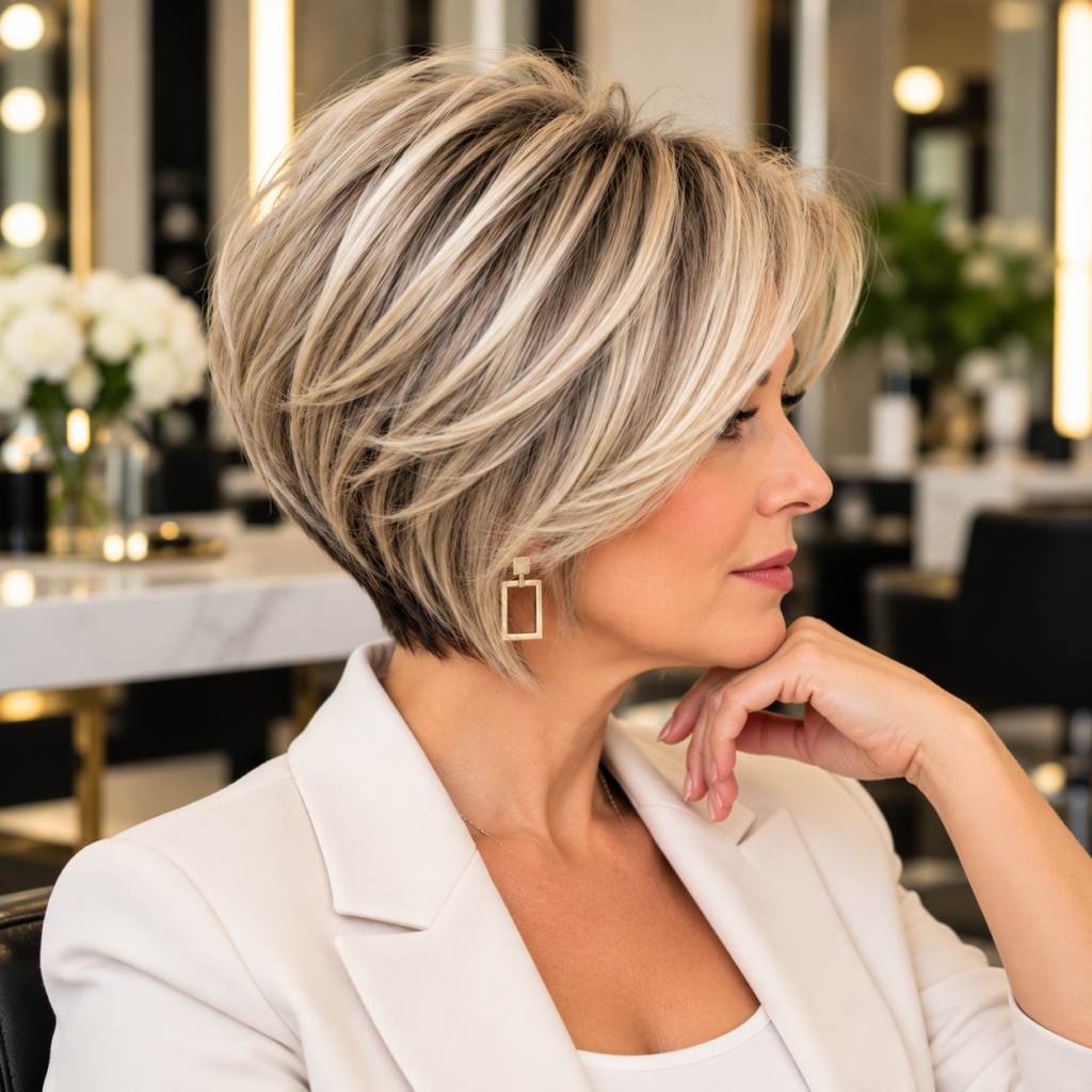 Elegant ash-blonde graduated bob haircut for women over 50, featuring a beautifully rounded shape, dimensional highlights, and a softly tapered nape.