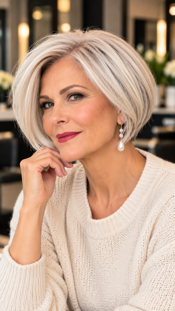 Side-parted layered bob for women over 50 with fine hair, featuring soft movement, face-framing layers, and natural-looking volume at the roots.