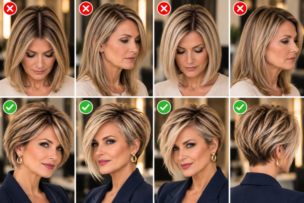 Before-and-after hairstyle comparison showing flat, heavily weighted haircuts versus short layered styles with improved crown volume and fuller-looking shape