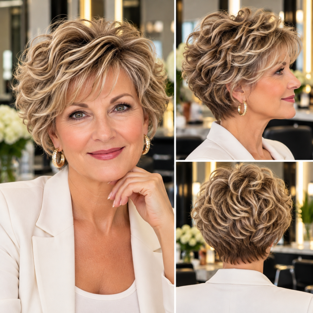 Woman over 60 with a short wavy blonde bixie haircut shown from front, side and back