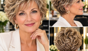 Woman over 50 with a naturally wavy short layered brunette bob with soft highlights