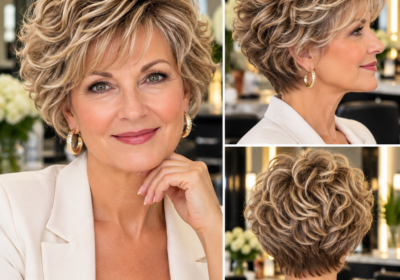 Woman over 50 with a naturally wavy short layered brunette bob with soft highlights