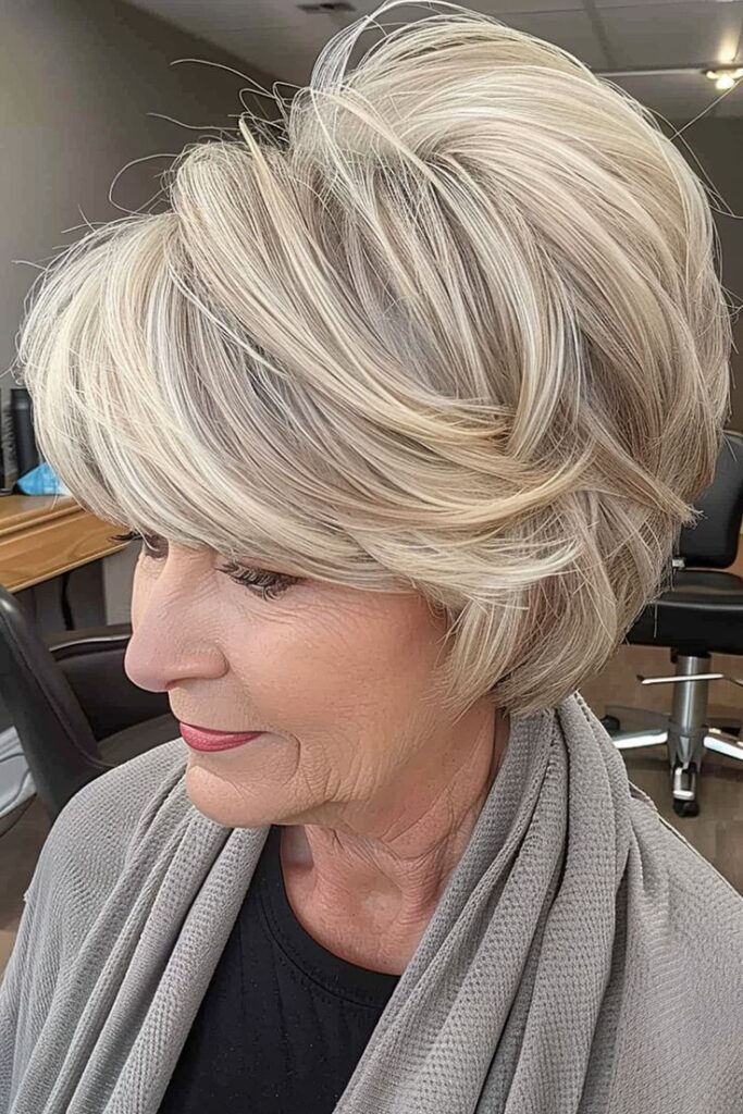 Stacked bob for women over 50 with soft crown lift and tapered nape