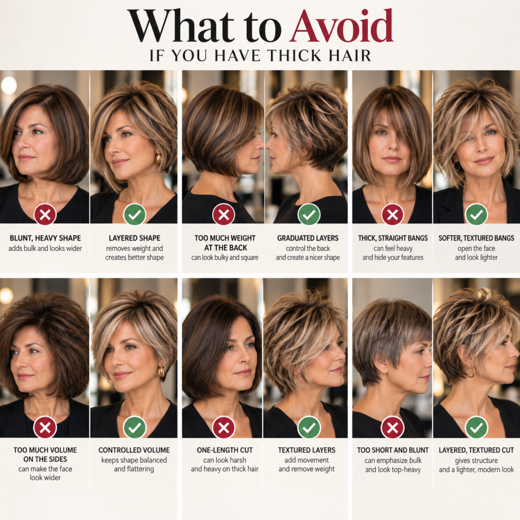 What to avoid in short haircuts for women over 50 with thick hair