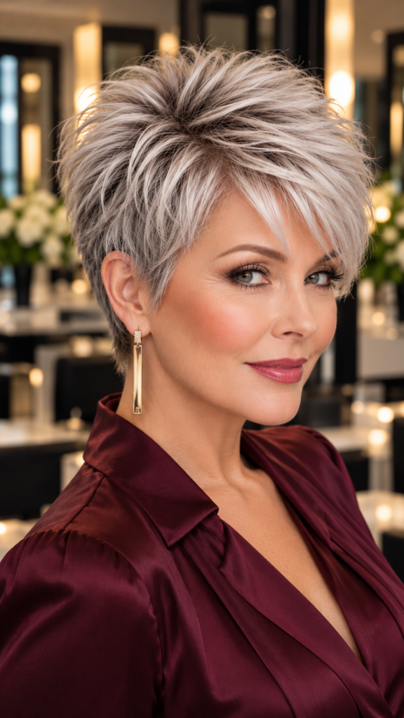Tapered pixie for fine hair with a fuller crown and shaped nape