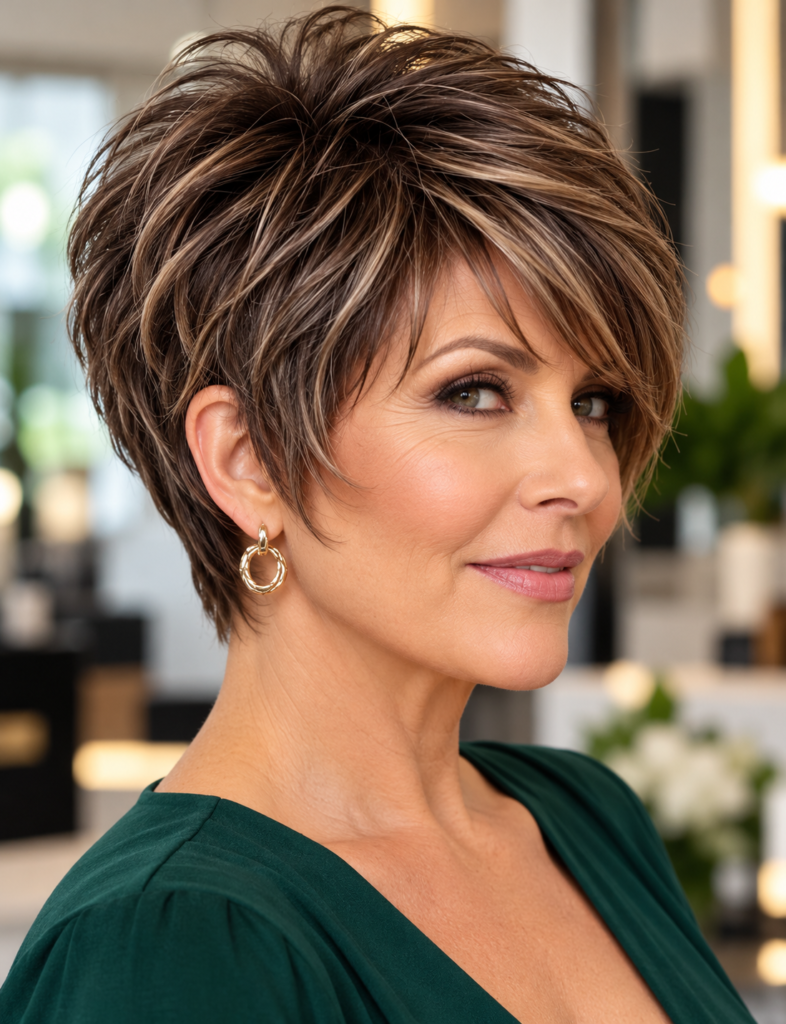 Modern bixie haircut for fine hair over 50, combining soft pixie layers with a rounded crown and longer face-framing pieces.
